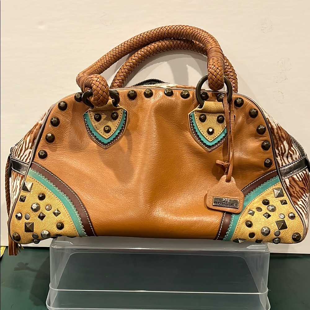 Bridget Shuster leather and pony hair Brown Satchel with Studded Accents